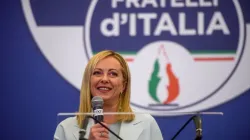 Giorgia Meloni, leader of the Fratelli d'Italia (Brothers of Italy), speaks at a press conference at the party electoral headquarters overnight on Sept. 26, 2022. in Rome. Italy’s national elections on Sept. 25 saw voters poised to elect Meloni, a Catholic mother, as the country's first female prime minister. | Photo by Antonio Masiello/Getty Images