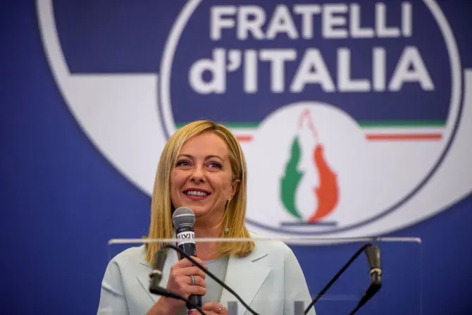 Giorgia Meloni, leader of the Fratelli d'Italia (Brothers of Italy), speaks at a press conference at the party electoral headquarters overnight on Sept. 26, 2022. in Rome. Italy’s national elections on Sept. 25 saw voters poised to elect Meloni, a Catholic mother, as the country's first female prime minister. | Photo by Antonio Masiello/Getty Images
