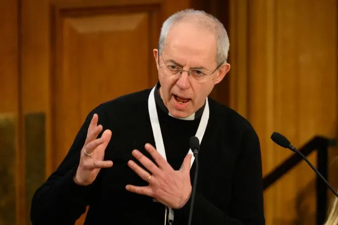 Archbishop of Canterbury Justin Welby addresses General Synod delegates during the debate on gay marriage at The Church House on Feb. 8, 2023, in London. | Photo by Leon Neal/Getty Images