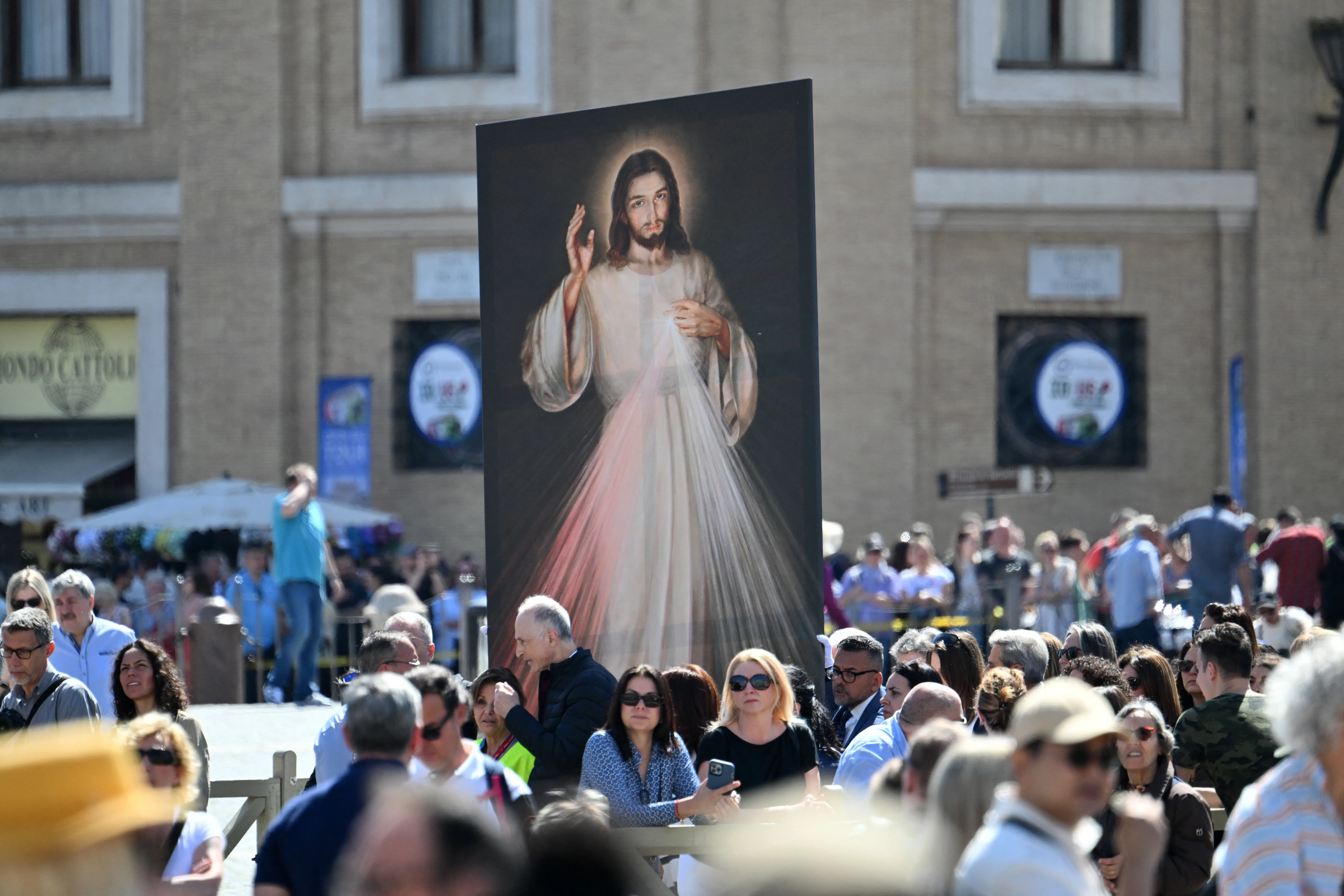 The Divine Mercy image is displayed at St. Peter's Square before Pope Francis Regina Caeli prayer on April 7, 2024. / Credit: ALBERTO PIZZOLI/AFP via Getty Images