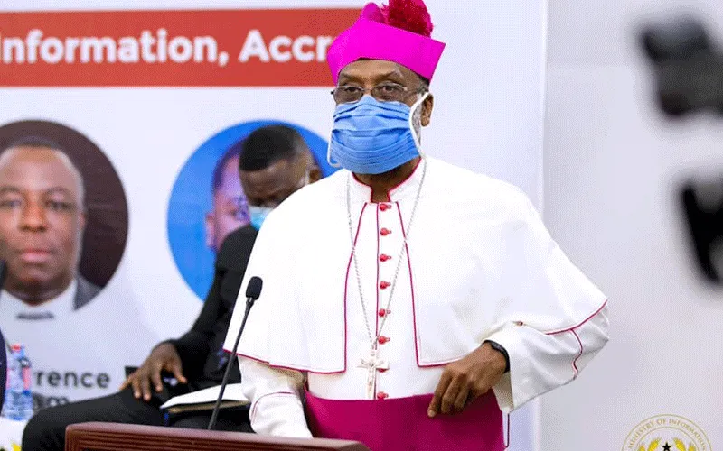 Archbishop Charles Gabriel Palmer-Buckle of cape Coast
Archdiocese in the Central Region of Ghana delivering an address  at a virtual Forum on COVID-19 and the March Towards Ghana
Beyond Aid: Turning Adversity into opportunity on Thursday, June 11, 2020 in Accra. / Ministry of Information.