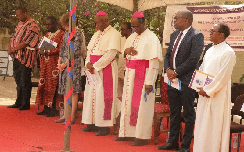 Bishop Emmanuel Fianu, Episcopal Chairman of Health in Ghana (3rd from left) with Bishop Afrifah-Agyekum of Koforidua and other dignitaries at the launching of the 2020 World Day of the Sick and the opening of the St. Pauline Clinic at the National Catholic Secretariat, Accra on February 7, 2020. Extreme right is Fr. Lazarus Anondee, Secretary General of the National catholic Secretariat. / Damian Avevor.