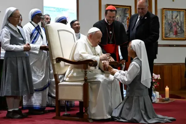 Pope Francis meets with local priests and religious of Mongolia, which includes only 25 priests (19 religious and six diocesan), 33 women religious, and one bishop — Cardinal Giorgio Marengo — in Ulaanbaatar’s Cathedral of Sts. Peter and Paul on Sept. 2, 2023. | Credit: Vatican Media