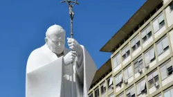 A large statue of St. John Paul II at the entrance of Rome’s Gemelli Hospital, where Pope Francis is recovering from surgery he underwent on June 7, 2023. | Credit: Daniel Ibañez/CNA