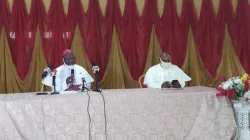Archbishop Ignatius Kaigama (left) during Thursday's press conference in Abuja, Nigeria. / Archbishop Ignatius Kaigama