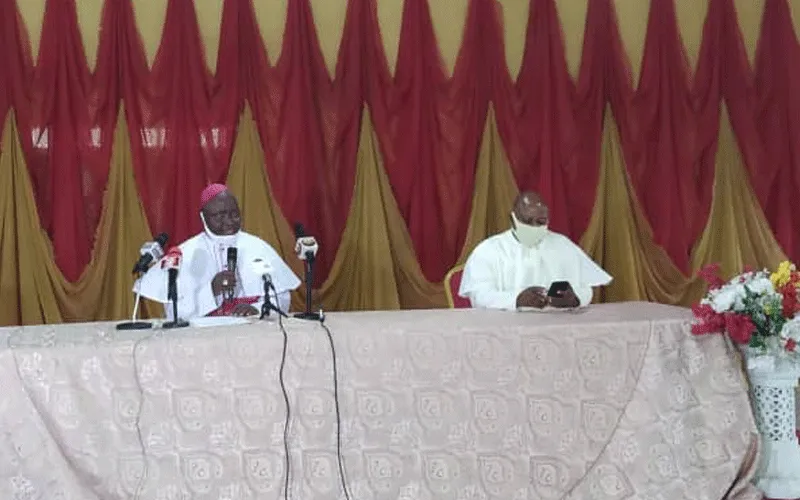Archbishop Ignatius Kaigama (left) during Thursday's press conference in Abuja, Nigeria. / Archbishop Ignatius Kaigama