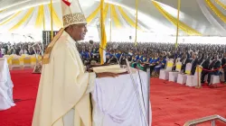 Bishop David Kamau Ng’ang’a addressing over 15,000 Catholic Men Association (CMA) members drawn from the 15 Deaneries of Nairobi Archdiocese at the grounds of St. Joseph’s Technical College Kamulu. Credit: Nairobi Archdiocese