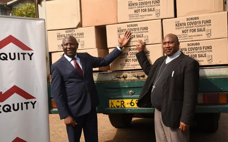 Bishop Joseph Mbatia (right) receiving a donation of  Personal Protective Equipment (PPE) from Equity bank, a Kenya-based financial institution/ Credit: Courtesy Photo
