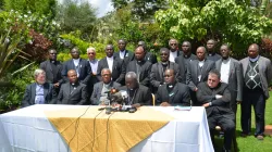 Chairman of the Kenya Conference of Catholic Bishops (KCCB), Archbishop Philip Anyolo (on mic) flanked by fellow Bishops as he reads a statement at the end of their Ordinary Plenary Assembly in Nairobi, Friday, November 8, 2019 / Samuel Waweru/KCCB