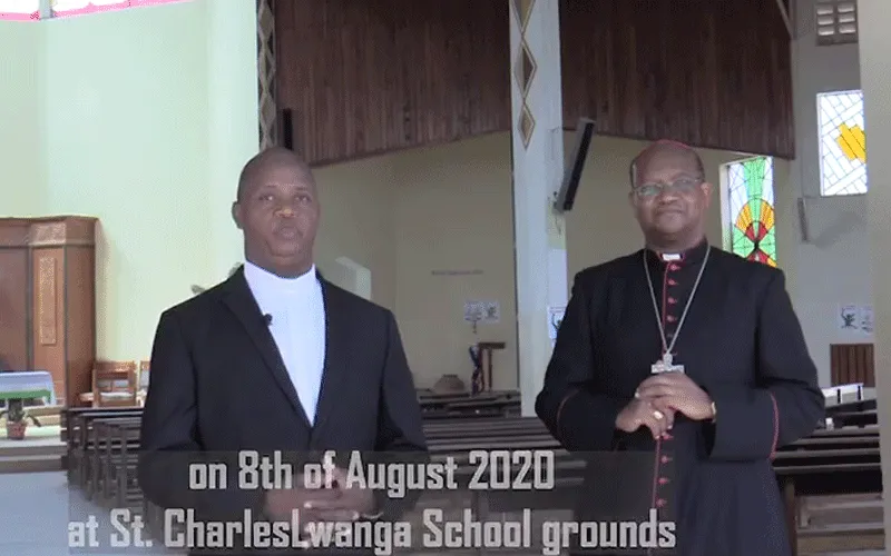 Archbishop Anthony Muheria (right) and Bishop-elect Joseph Mwongela (left) in a video message for the postponed August 8 episcopal ordination. / Diocese of Kitui