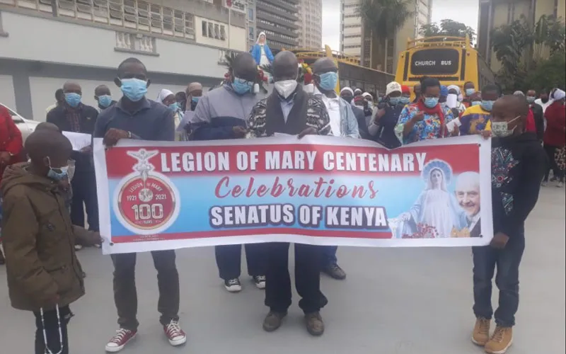A display of Legion of Mary banner by Legionaries outside Holy Family Minor Basilica. Credit: ACI Africa