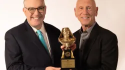 EWTN Chairman and Chief Executive Officer Michael P. Warsaw presents the 2022 Mother Angelica Award to former NFL star and coach Danny Abramowicz in honor of his lifetime of service to the new evangelization. | Credit: EWTN