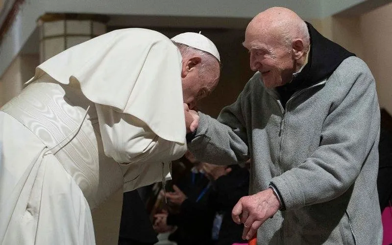 Pope Francis greets Br. Jean-Pierre Schumacher, the last survivor of Tibhirine, on 31 March 2019 in Morocco. Credit: Vatican Media