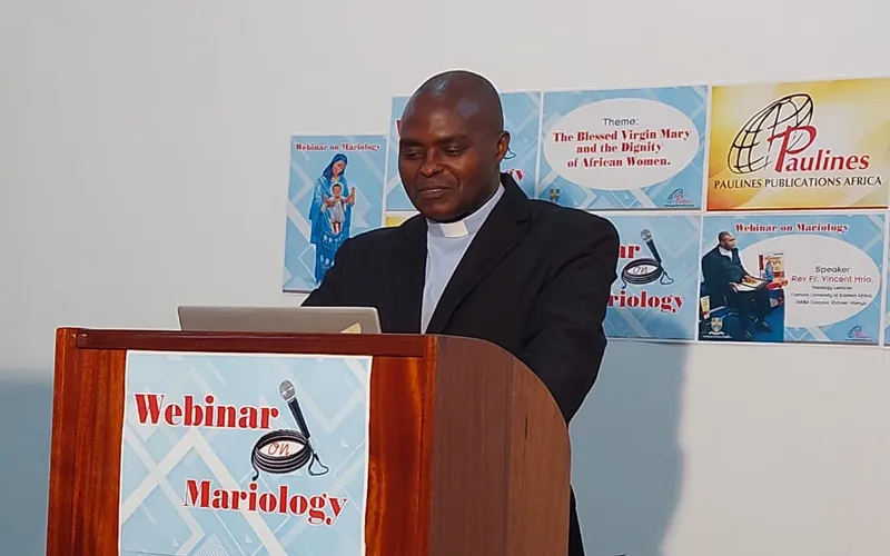 Fr. Vincent Mrio addressing participants during the Friday, March 18 webinar organized by the Mariological Society of America. Credit:  Sr. Olga Massango