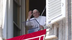 Pope Francis waves to pilgrims during the Angelus Aug. 14, 2022. Vatican Media