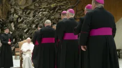Pope Francis greets Catholic bishops on a pilgrimage from Slovakia to Rome on April 30, 2022. Vatican Media