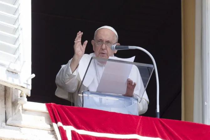 Pope Francis speaks to the crowd assembled in St. Peter's Square on Aug. 15, 2023, for the recitation of the Angelus on the solemnity of the Assumption of the Blessed Virgin Mary. | Vatican Media