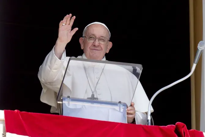 Pope Francis waves to pilgrims gathered in St. Peter's Square for his Angelus reflection on Sept. 10, 2023. | Credit: Vatican Media