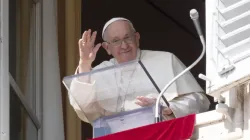 Pope Francis waves from a window of the Apostolic Palace during his weekly Sunday address and Angelus on Oct. 8, 2023. He spoke about the importance of having gratitude for the gifts one has received, especially the gifts of life and faith from God. | Vatican Media.