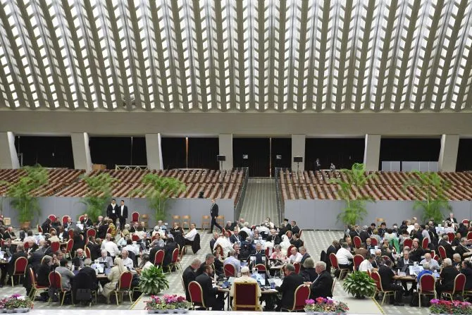 Delegates meet at round tables during the Synod on Synodality on Oct. 10, 2023. | Credit: Vatican Media