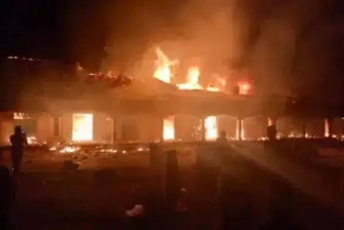 A screen grab from a video shared with ACI Africa that shows the parish house at St. Raphael Fadan Kamantan Catholic Church of the Diocese of Kafanchan in flames Sept. 7, 2023. | Credit: ACI Africa