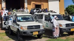 Two vehicles carrying the remains of Sr. Mary Daniel Abut and Sr. Regina Roba parked in front of St. Theresa’s Kator Cathedral of South Sudan’s Juba Archdiocese where their Funeral Mass was held before being laid to rest 20 August 2021. Credit: Fr. John Lo'boka Morris, Apostles of Jesus/Juba