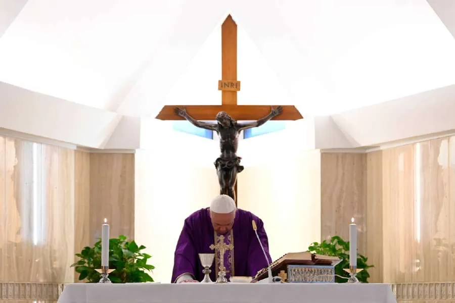 Pope Francis offers Mass in Casa Santa Marta on March 12, 2020. Credit: Vatican Media/CNA.