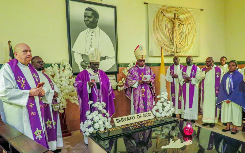 Archbishop Philip Anyolo of Nairobi Archdiocese flanked by John Cardinal Njue (left) during the memorial Holy Mass of the Servant of God, Maurice Michael Cardinal Otunga celebrated at the Resurrection garden, Karen, Nairobi on 6 September 2022. Credit: Catholic Archdiocese of Nairobi/Facebook