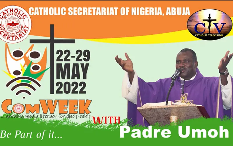 A Poster announcing Fr. Mike Umoh's  lecture on day two of Communications Week (COMWEEK). Credit: CTV Abuja