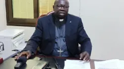 Bishop Santo Loku Pio Doggale of the Catholic Archdiocese of Juba in his office during the 19 October 2023 press conference. Credit: ACI Africa.