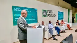 Fr. Charles Chilufya S.J, Director of the Jesuits Justice and Ecology Network Africa opens the session on the need for an ethically-informed approach to achieving justice in mining and facilitating a just transition at COP 28 Faith Pavilion. Credit: JENA/PACJA
