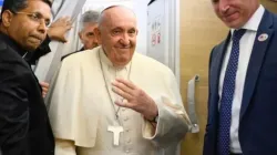 Pope Francis on board the plane that took him from Rome to Mongolia, Aug. 31, 2023. | Credit: Vatican Media