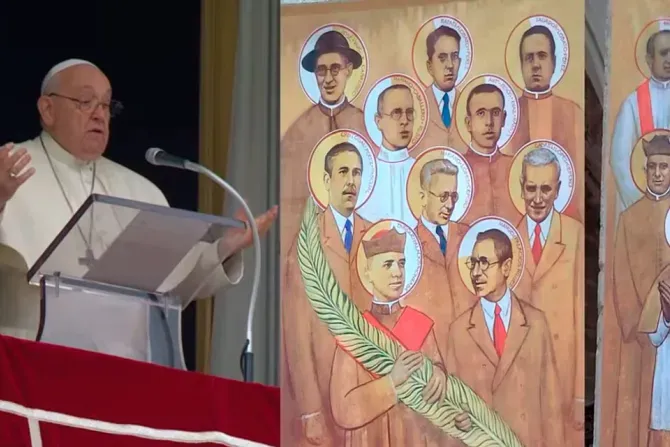 Pope Francis at the Sunday, Nov. 19, 2023, Angelus and martyrs beatified in Seville on Nov. 18, 2023. | Credit: Youtube Vatican News / Archdiocese of Seville