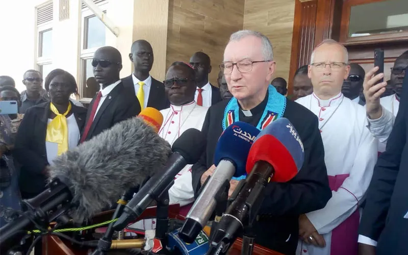 Pietro Cardinal Parolin addressing journalists after his arrival in Juba on 5 July 2022. Credit: ACI Africa