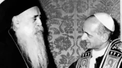 Pope Paul VI meets Orthodox Patriarch Athenagoras I at his residence of the apostolic delegation on Jan. 5, 1964. The meeting between the two church leaders ended a 900-year standoff between the Roman Catholic Church and the Orthodox Church. | Credit: EPU FILES/AFP via Getty Images