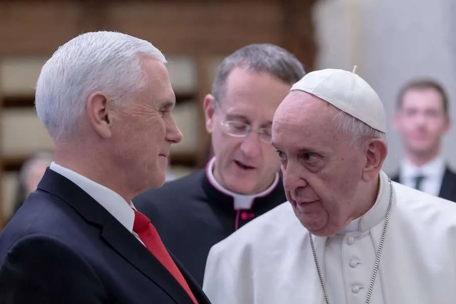 Pope Francis talks at the Vatican Jan. 24, 2020, with U.S. Vice President Mike Pence. Credit: EWTN-CNA Photo/Daniel Ibáñez/Vatican Pool