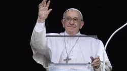 Pope Francis waves to crowds gathered in St. Peter's Square on June 19, 2022, on Corpus Christi Sunday. Vatican Media