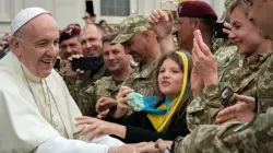Pope Francis greets a group of Ukrainian soldiers at the end of his weekly general audience on 23 May  2018 in St. Peter's Square at the Vatican. Credit: Aleteia