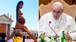 Left: Amazonian figure. Credit: ACI Prensa. Right: Pope Francis in the synod hall. Credit: Daniel Ibanez/CNA