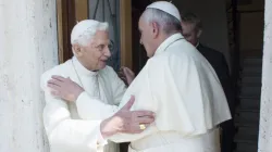 Pope Francis and Pope Emeritus Benedict embrace each other at the Vatican's Mater Ecclesiae Monastery, June 30, 2015. | L'Osservatore Romano.