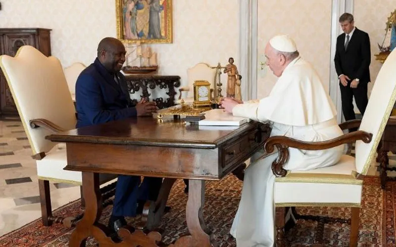 Pope Francis and President, Évariste Ndayishimiye of Burundi during a  meeting at the Apostolic Palace in Vatican City on 27 March 2022. Credit: Vatican Media