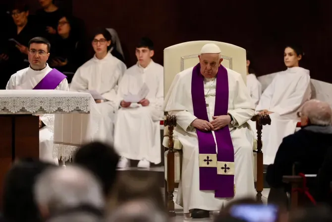 Pope Francis presides over a penitential service at St. Pius V Parish in Rome on March 8, 2024. | Credit: Daniel Ibañez/CNA