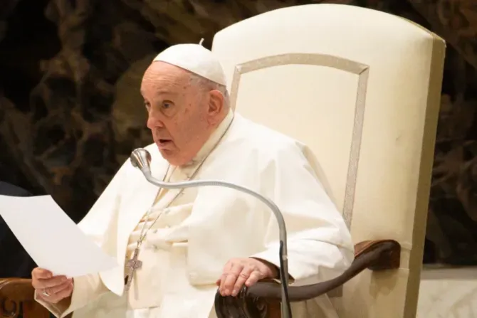 Pope Francis speaks at his Wednesday audience in Paul VI Hall on Nov. 29, 2023. | Elizabeth Alva/EWTN