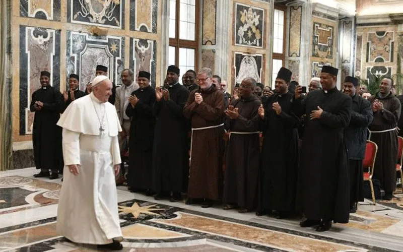 Pope Francis arrives for his audience with the Pontifical Ethiopian College on Saturday January 11. / Vatican Media