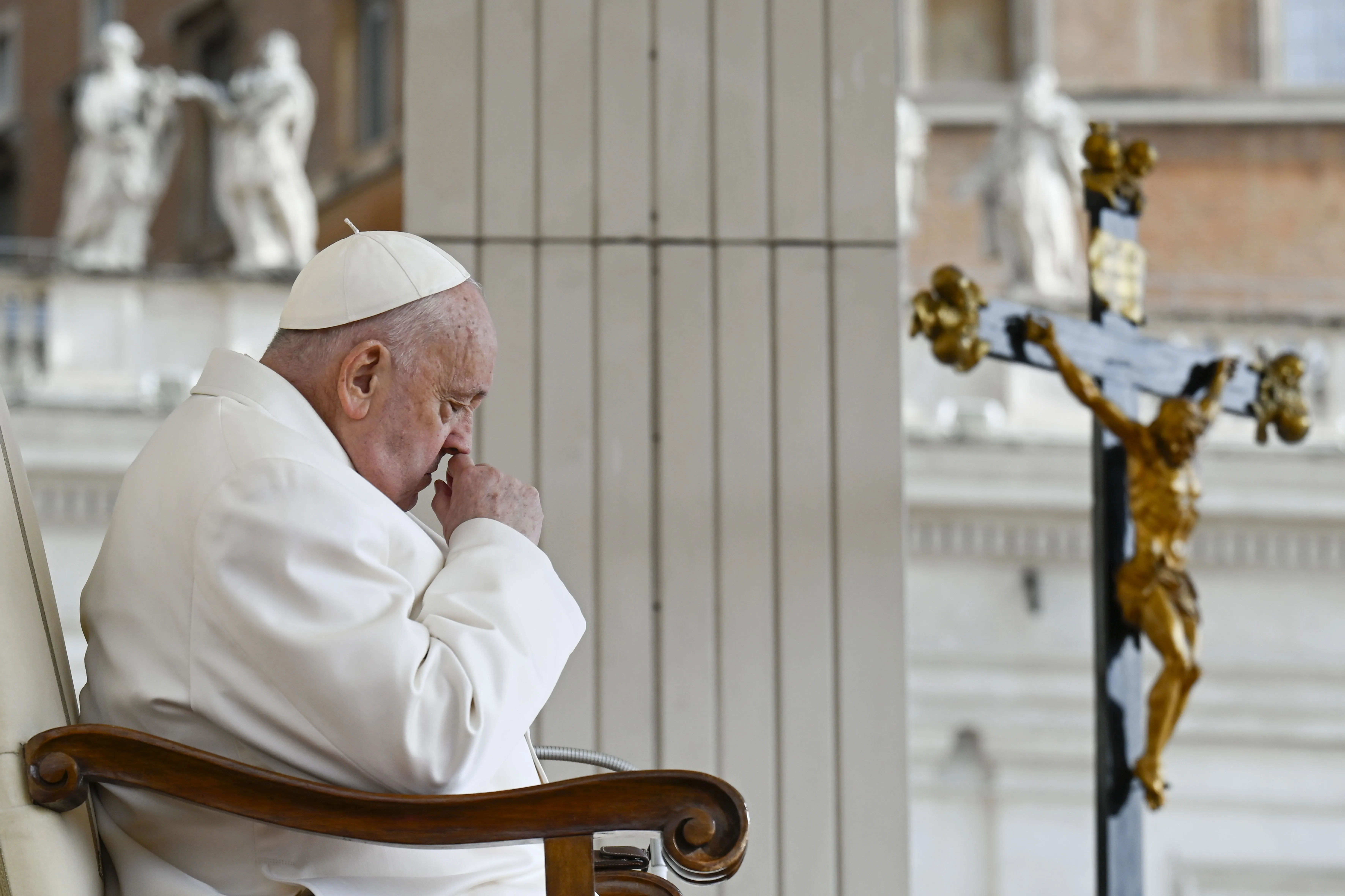 Pope Francis prays during his Wednesday general audience in St. Peter’s Square at the Vatican on April 24, 2024. / Credit: Vatican Media