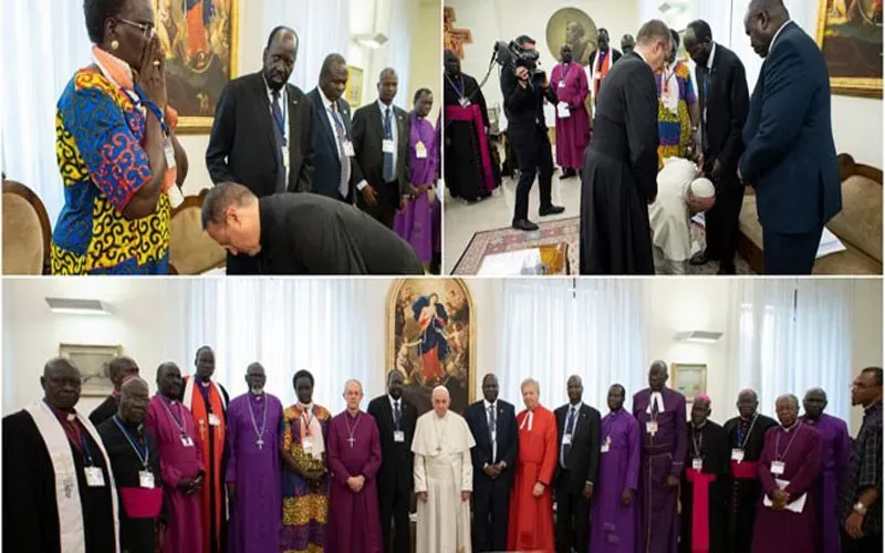 Delegation of South Sudan political leaders at the Vatican with Pope Francis in April 2019. Credit:Vatican Media
