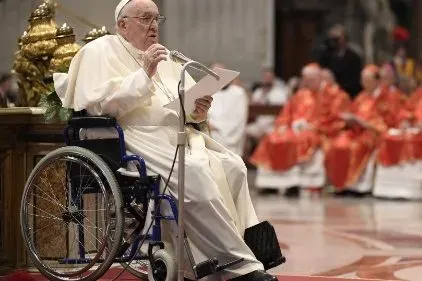 Pope Francis delivers a homily from a wheelchair, June 5, 2022. Vatican Media