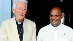 Maurice Evenor Cardinal Piat (left) and Mons. Jean Michaël Durhône (right) after the May 20 press conference. Credit: Port-Louis Diocese
