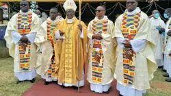 Bishop Dominic Yeboah Nyarko of Techiman Diocese in Ghana's Bono East Region with four priests he ordained at Kintampo on August 8, 2020.