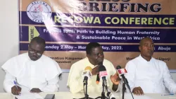 Fr. Zacharia Nyantiso Samjumi (center), the Secretary General of the Catholic Secretariat of Nigeria (CSN), the National Director of Social Communications (right), CSN, Fr. Dr. Michael Nsikak Umoh and Director, Pastoral Affairs, Fr. Michael Banjo (left) during the April 6 press conference. Credit: Nigeria Catholic Network